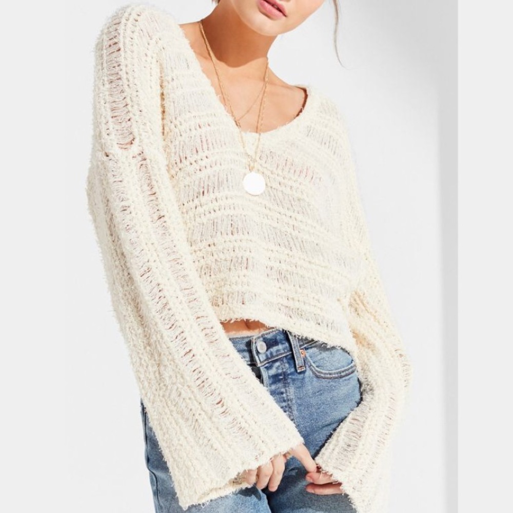 UO Tahiti Bell-Sleeve Fringe Crop Sweater